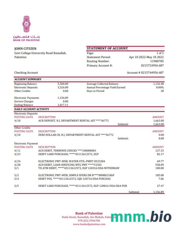 Szablon wyciągu bankowego Palau Bank of Guam W programie Word i PDF